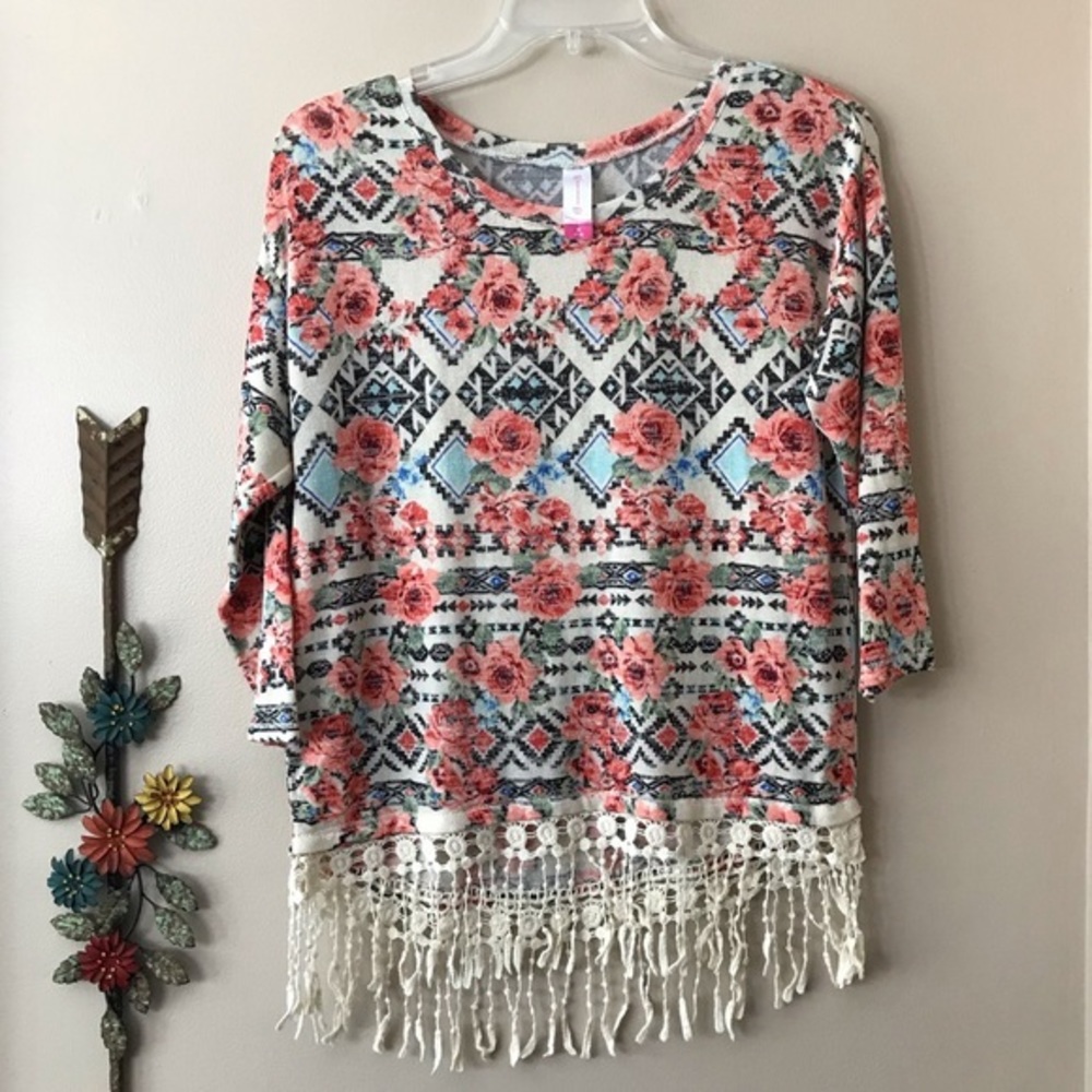 NOBO 3/4 Sleeve Aztec Print Fringe Shirt MED NWOT